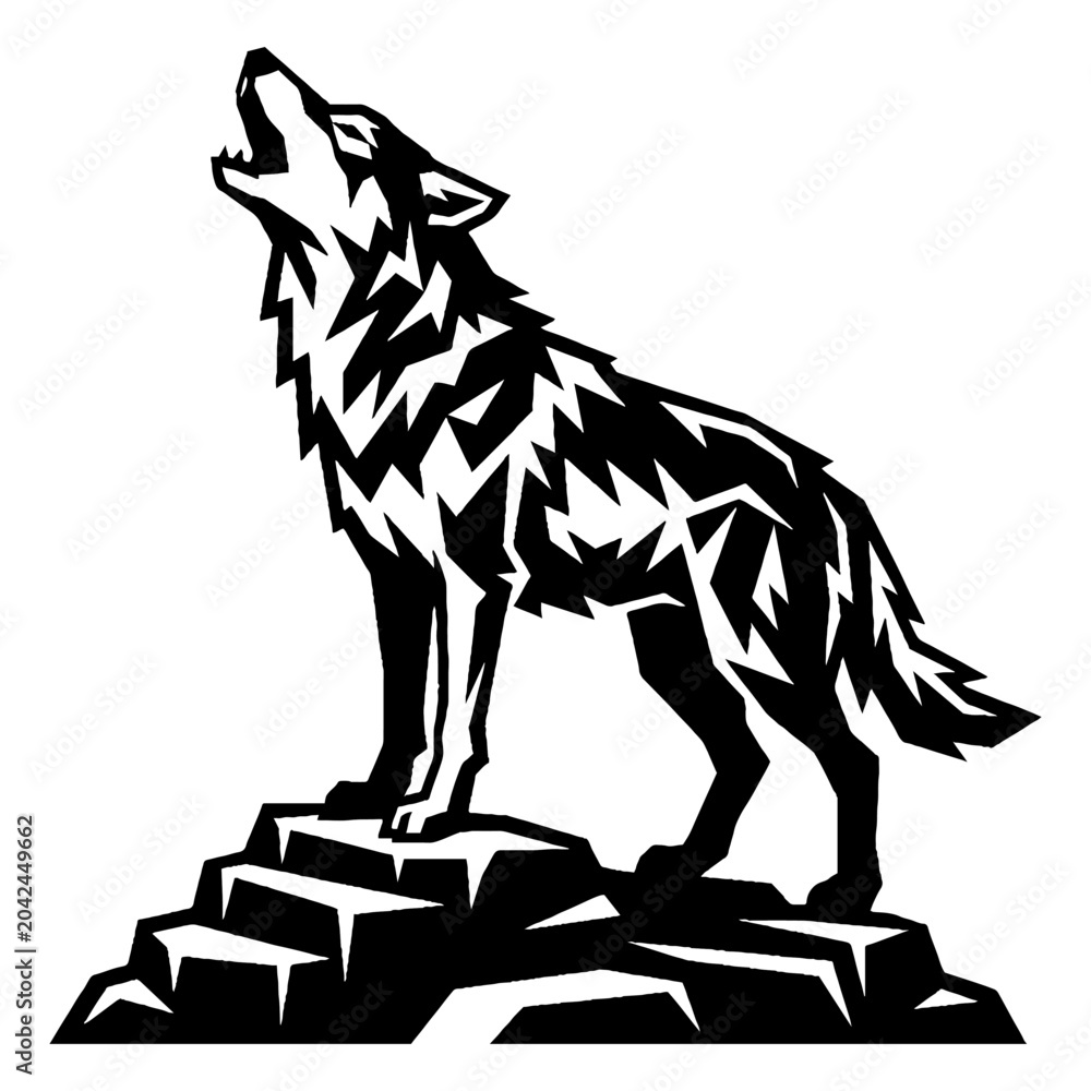 Fototapeta premium Geometric black and white vector illustration of a howling wolf standing on stylized rocks, depicted in a strong graphic art style with sharp angular lines.
