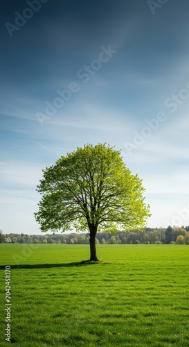 A beautiful solitary linden tree standing tall in a vibrant green meadow during the fresh, early days of springtime, calm, tranquil scene, lush