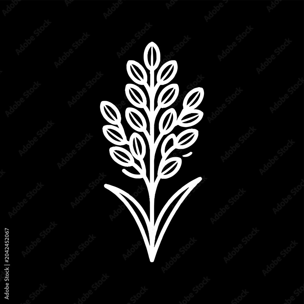 Fototapeta premium Stylized plant stalk with leaves in white line art, presented as a minimalist icon on a black background.