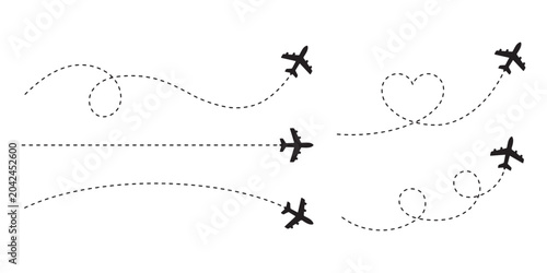 Airplane flight path icons with dotted lines on white background