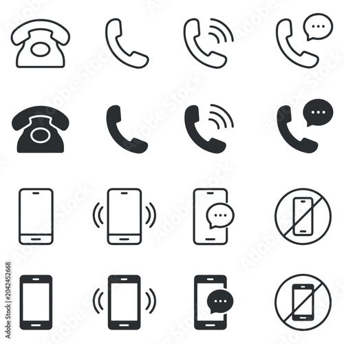 Collection of phone and mobile phone icons for communication and technology concepts