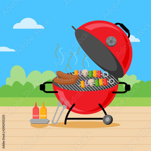  Cartoon flat vector of a kettle barbecue with sausages, skewered vegetables and ketchup and mustard bottles, Summer outdoor cooking element