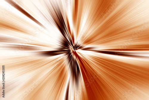 Abstract radial zoom blur background in warm beige, cream, copper and brown tones. Dynamic motion effect with glowing streaks radiating from the center, creating energy and speed.