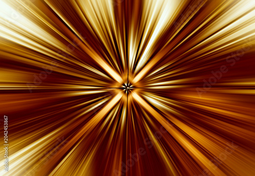 Abstract radial zoom blur in golden, yellow, brown and white tones, creating a dynamic burst of glowing metallic light rays radiating from the center.