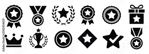 Photos Award icon set featuring champion symbols in silhouette style for achievement, s