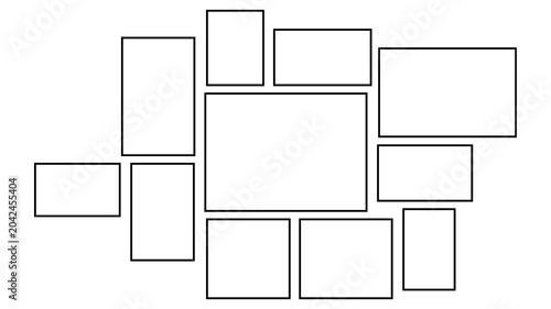 Set of empty black rectangular frames arranged in a scattered layout. Minimalist border template for photos, comic strips, storyboards, or UI wireframes. Isolated on white background.