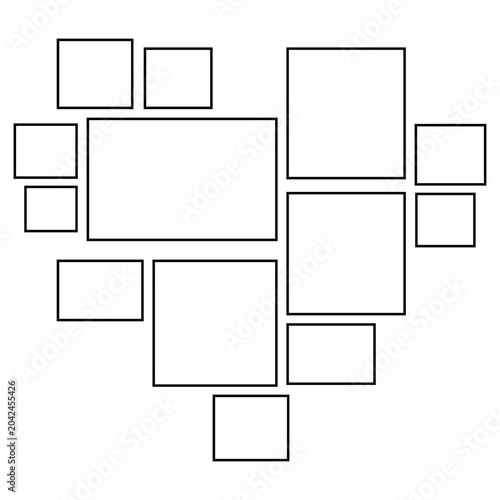 Set of empty black rectangular frames arranged in a scattered layout. Minimalist border template for photos, comic strips, storyboards, or UI wireframes. Isolated on white background.