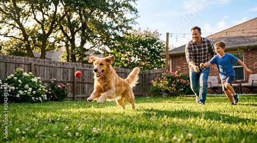 Happy Golden Retriever chasing ball in sunny backyard with cheering father and son running behind, celebrating Father's Day and active family bonding outdoors.