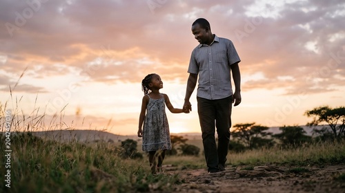 African American father holding hands with young daughter, walking in rural field at sunset, sharing happy smile, celebrating Father's day, paternal love and family bond.
