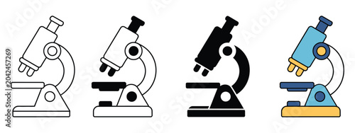 Microscope icon set featuring sketch, outline, silhouette, and colored styles for laboratory research, education, and scientific visualization. Vector illustration.
