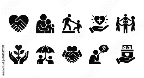 Fényképezés Silhouette icons depicting various acts of charity support and community care