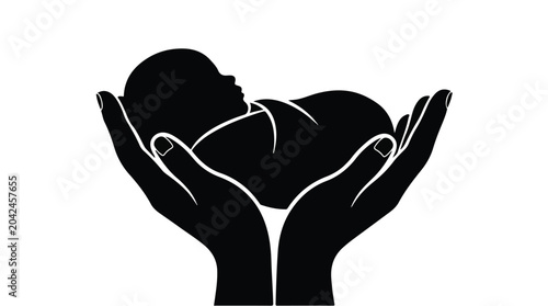 Black silhouette of newborn baby lying in cupped hands, symbolizing care and protection, on white background