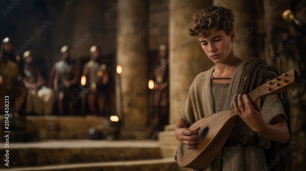 Obraz premium Young David fills Saul’s palace with the sound of his lyre, bringing peace to a troubled king and revealing how humble gifts can serve a greater purpose in God’s plan.
