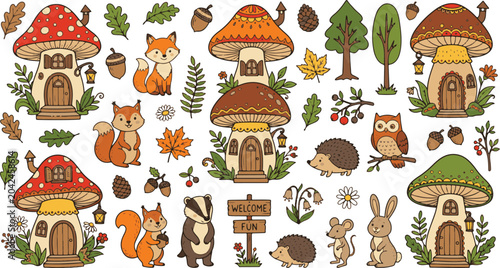 Canvas Print : Cottagecore fairytale forest vector collection, hand drawn cute woodland chara