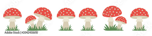 Tableau sur toile Red cap mushroom icon set with white spots featuring fly agaric fungi for nature, forest, and botanical illustration concepts