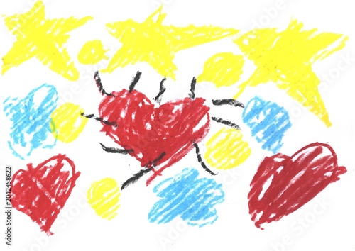 Childlike Crayon Doodle of Bright Red Hearts, Yellow Stars and Blue Clouds