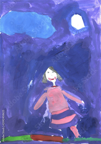 Child's Gouache Painting: Smiling Girl Under a Moonlit Purple Sky