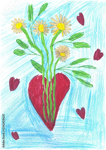 Child's drawing: daisies growing from a red heart on a blue background