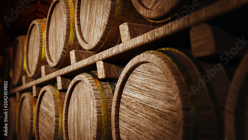 Wine barrels stacked in wine cellar. 3D illustration
