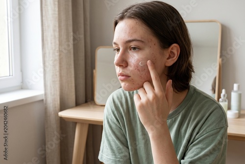 Teen applying acne treatment cream at home