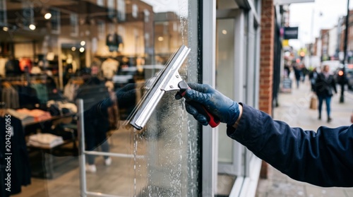 Window cleaner using squeegee to wash glass storefront. Professional janitor cleaning shop display window. Maintenance service, retail business hygiene, commercial cleanliness concept.