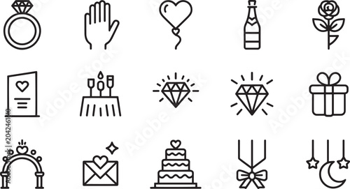 Fotografía Elegant engagement celebration line art icons set for wedding proposal party and