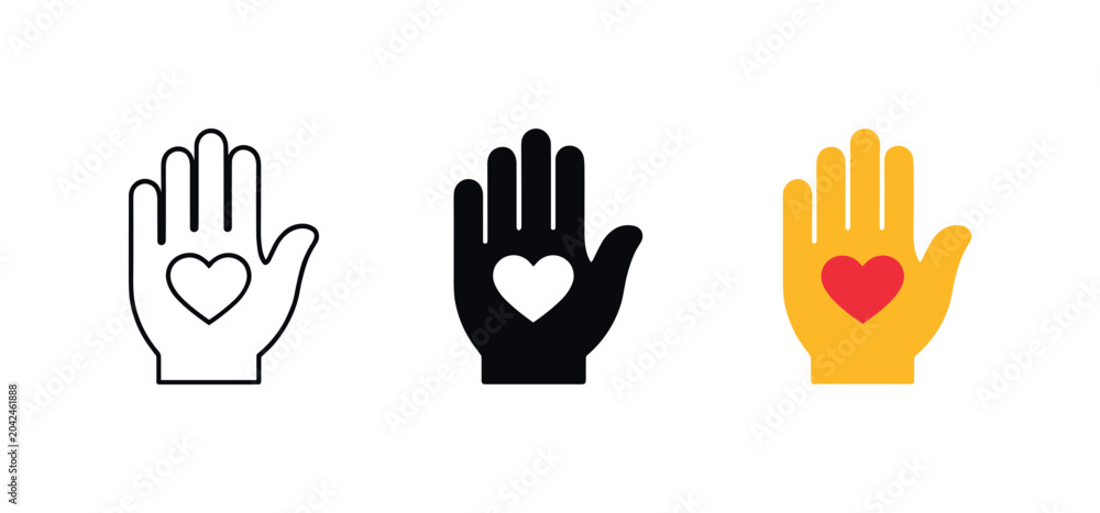 Fototapeta premium Set of three hand icons with heart symbols representing care and support