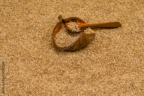 Chenopodium quinoa - Organic white quinoa seeds in bowl and spoon