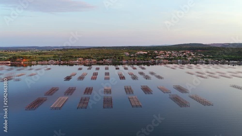 Towards the oyster farms from the tables, on the Thau lagoon, in Occitanie, France.