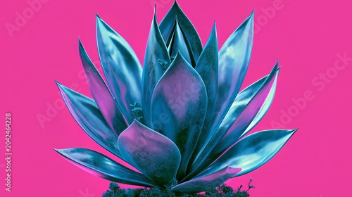 Agave plant with fox tail shape and blue shades sits on a bright pink backdrop.