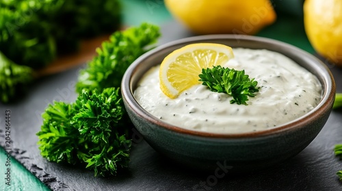 Close-up of a vibrant creamy herb dip, perfectly garnished with fresh parsley and lemon slice in a rustic bowl on dark slate, highlighting healthy flavor. Food, Appetizer Tzatziki,
