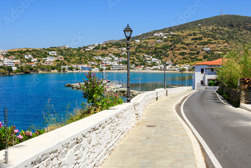 Seaside promenade in Batsi village on the island of Andros, Cyclades, Greece