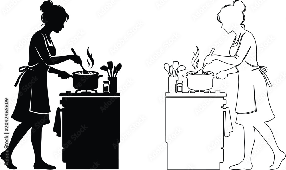 Fototapeta premium Woman Cooking on Stove with Steam in Minimalist Kitchen Silhouette