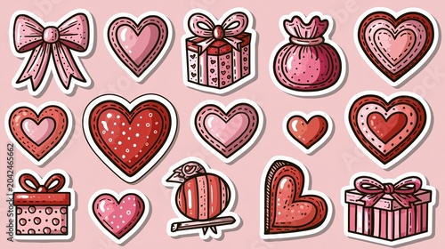 Cute, girly stickers for Valentine's Day.  These pink and red patches, featuring bows, hearts, and gifts, come in a fun retro doodle style.