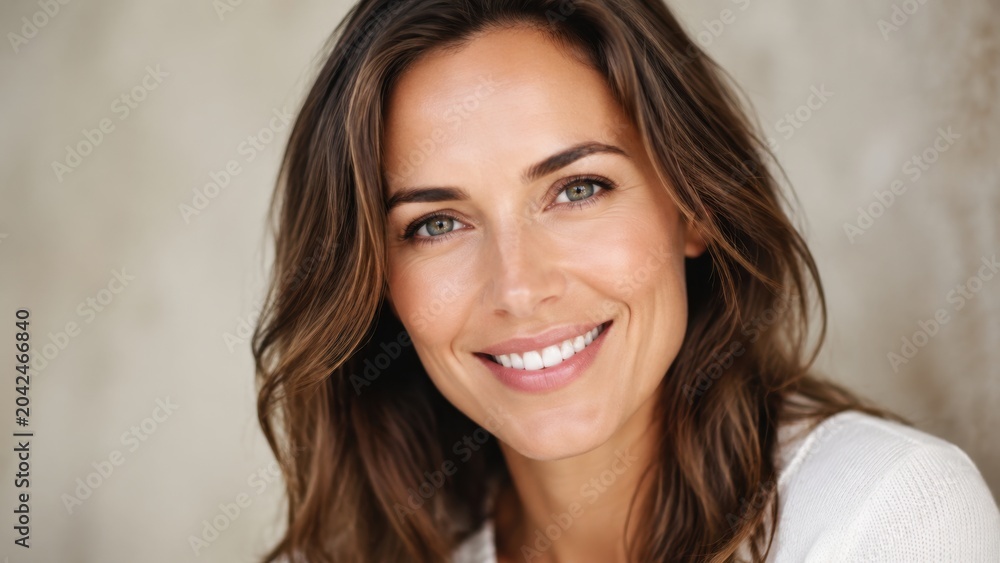 Naklejka premium Middle aged woman smiling closeup with neutral background