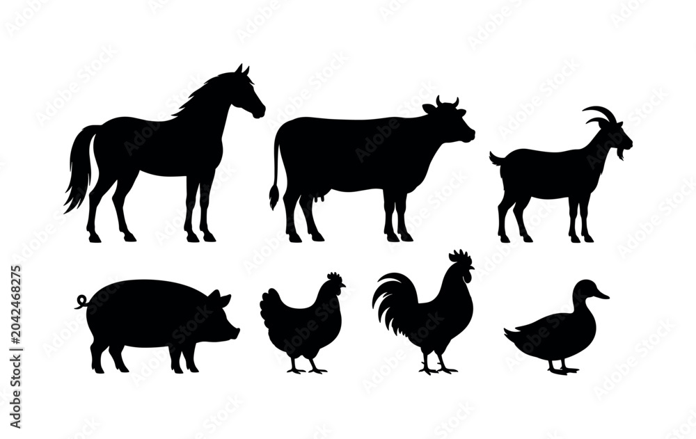 Fototapeta premium Collection of farm animal silhouettes on a white background