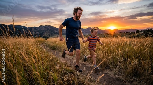 Happy father and young son running hand-in-hand down a trail in a grassy field at sunset, joyful family bonding, active lifestyle, Father's Day concept.