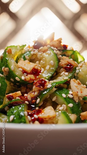 Vertical video: Chinese smashed cucumber salad with garlic, chili oil and sesame seeds served in a white bowl. Authentic Sichuan cold appetizer and gourmet Asian culinary food photography concept.