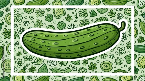 Illustration shows a doodle-style cucumber for baby clothes design. It's a postcard with a cucumber, a seamless pattern, and a boho nursery print.