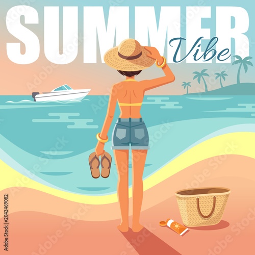 Summer Vibe Poster. Retro vector poster of a young woman from behind in straw hat and denim shorts on sandy beach. Motorboat, palm trees, straw bag and sunscreen. Vector illustration, flat style