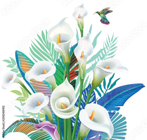 Photos A bouquet of white calla lilies stands out among tropical palm leaves with a sma