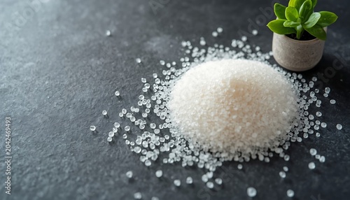 A small pile of granulated white sugar is scattered around a larger mound on a dark textured background, with a tiny potted plant nearby.