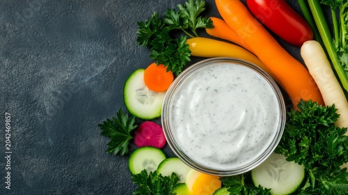 Vibrant CruditÃ©s Overhead shot of creamy veggie dip with fresh carrots, cucumbers, peppers and parsley on dark, promoting healthy snacking. Wholesome., Appetizer, Nutrition