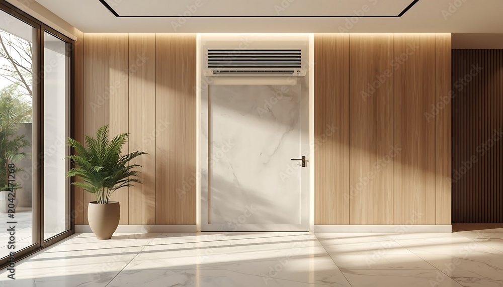 Fototapeta premium A contemporary interior hallway showcases a marble-clad door framed by warm wooden paneling and illuminated by soft natural light from large windows.