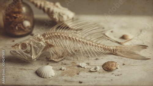 Vintage sepia-toned still life: fish skeleton on a weathered wooden surface