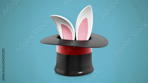 Magician hat and wand isolated on blue background. 3D illustration