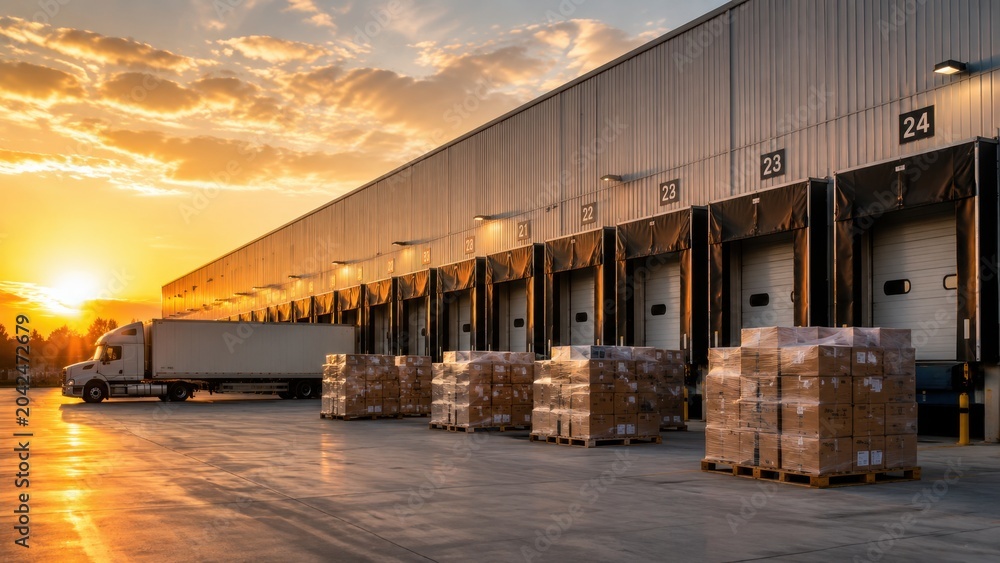 Obraz premium Delivery truck loading pallets at distribution warehouse during sunset