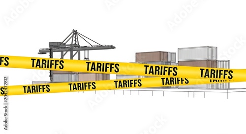 Container Ship Import Export Tariffs Signs at Busy Port Industrial Cargo Terminal