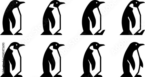 Foto Set of minimalist black penguin silhouettes isolated on white background for cre
