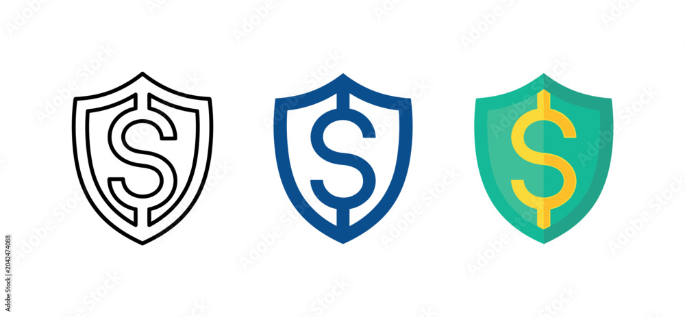 Fototapeta premium Secure outcome visualized by a shield shape containing a currency symbol merged into one form, identical geometry displayed